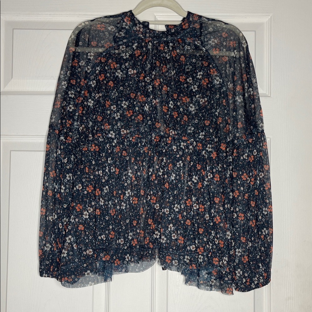 Free People Navy Floral Sheer Ruffled Blouse